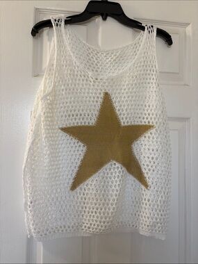 SHEIN White Crochet Mesh Swim Coverup Tank with Gold Star